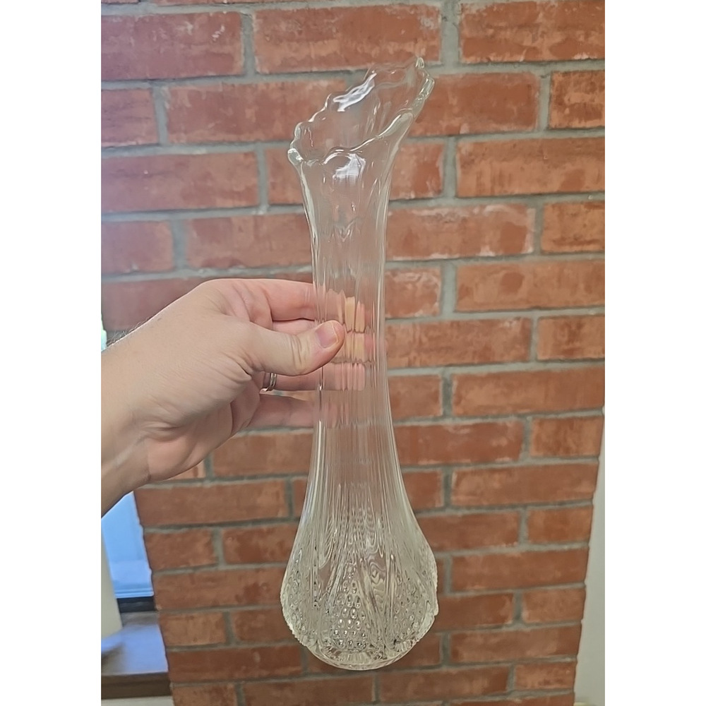 Vtg MCM Tall Swung Art Glass Vase Clear Glass Rose Footed Base Decor Flower Vase